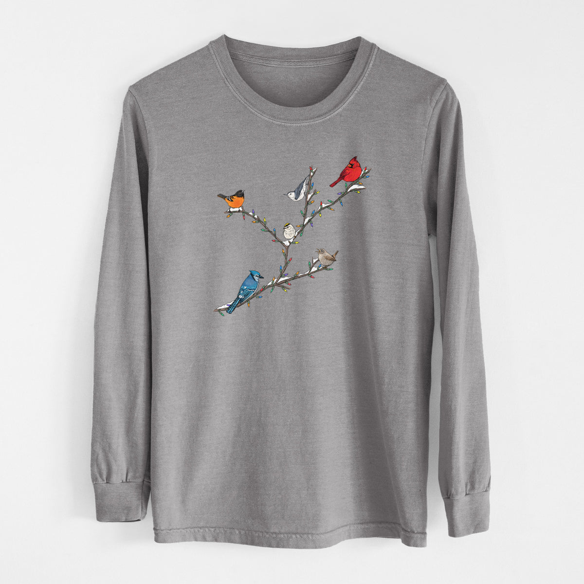 Christmas Backyard Birds - Men&#39;s Heavyweight 100% Cotton Long Sleeve