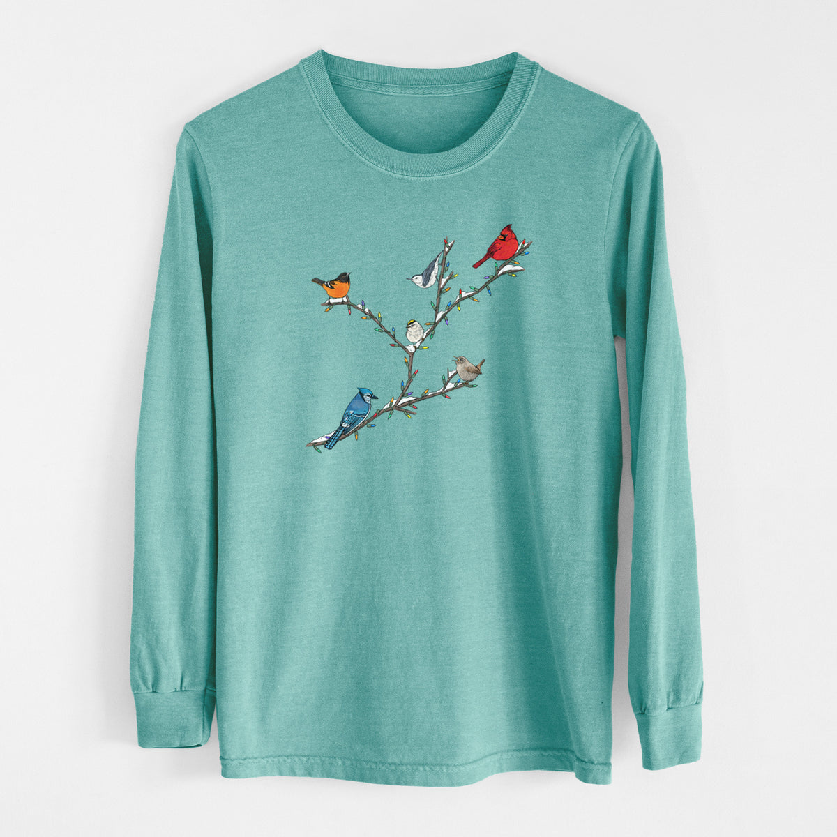 Christmas Backyard Birds - Men&#39;s Heavyweight 100% Cotton Long Sleeve