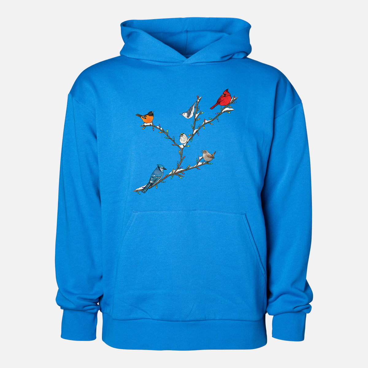 Christmas Backyard Birds - Statement Midweight Hoodie in Azure Blue, shown from the front with the design printed on the chest above a front kangaroo pocket.