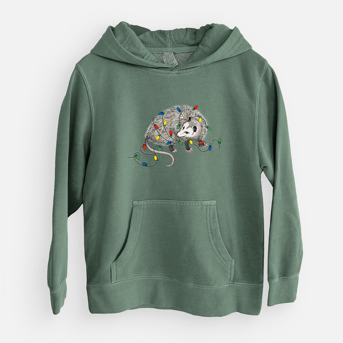 Christmas Opossum - Youth Pigment Dyed Hoodie in Alpine Green