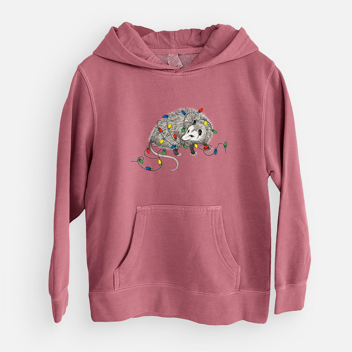 Christmas Opossum - Youth Pigment Dyed Hoodie in Maroon