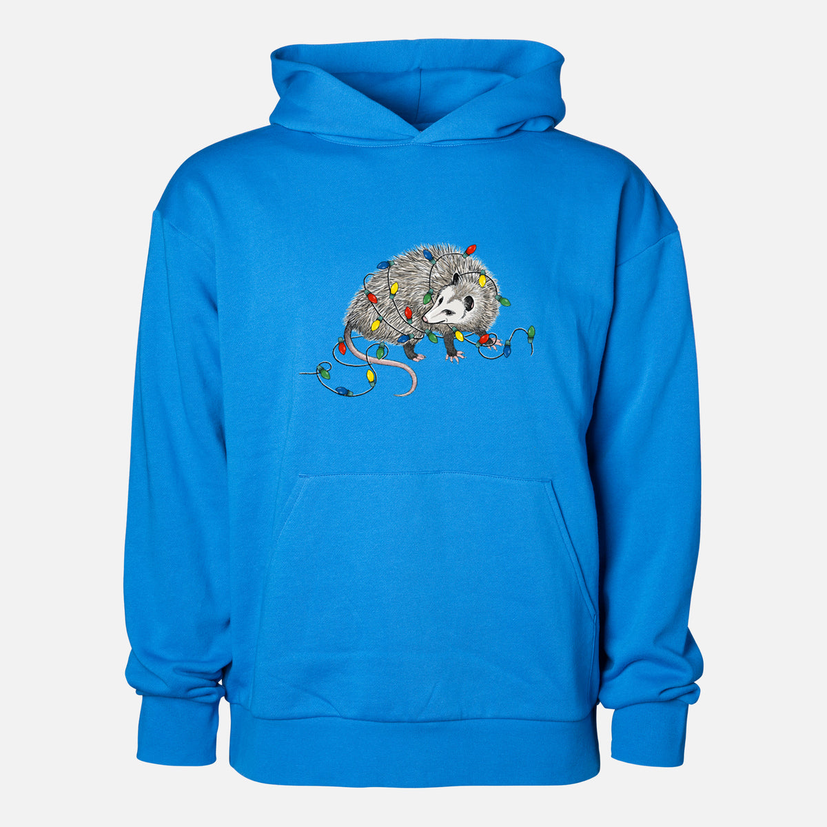 Christmas Opossum - Statement Midweight Hoodie in Azure Blue, shown from the front with the design printed on the chest above a front kangaroo pocket.