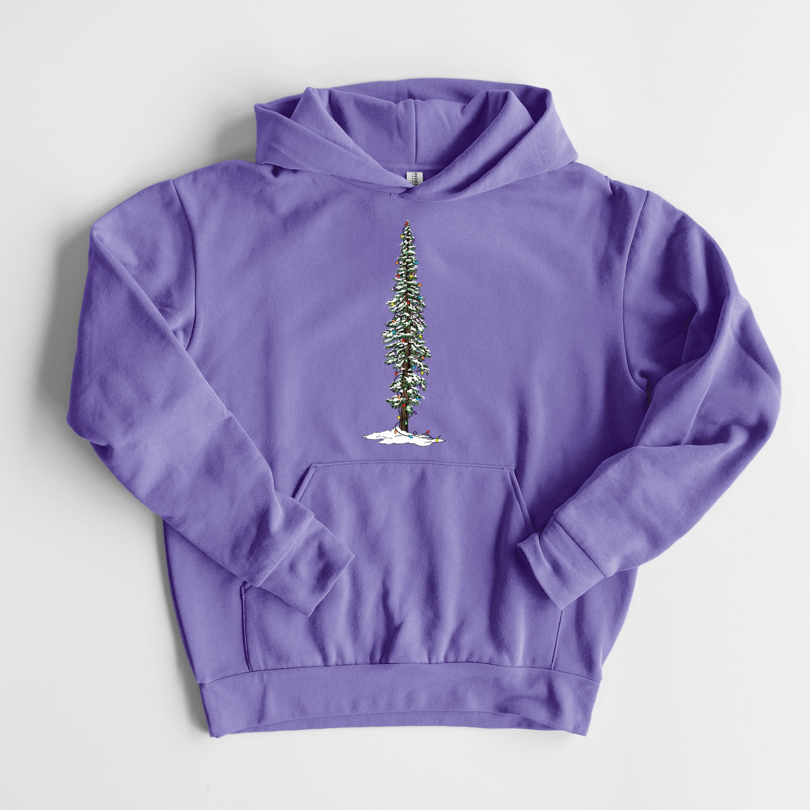Christmas Redwood Tree - Statement Midweight Hoodie in Violet, laid flat, showing the oversized boxy fit and front kangaroo pocket.