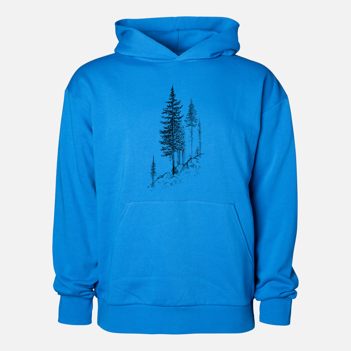Cliffside Pines - Statement Midweight Hoodie in Azure Blue, shown from the front with the design printed on the chest above a front kangaroo pocket.