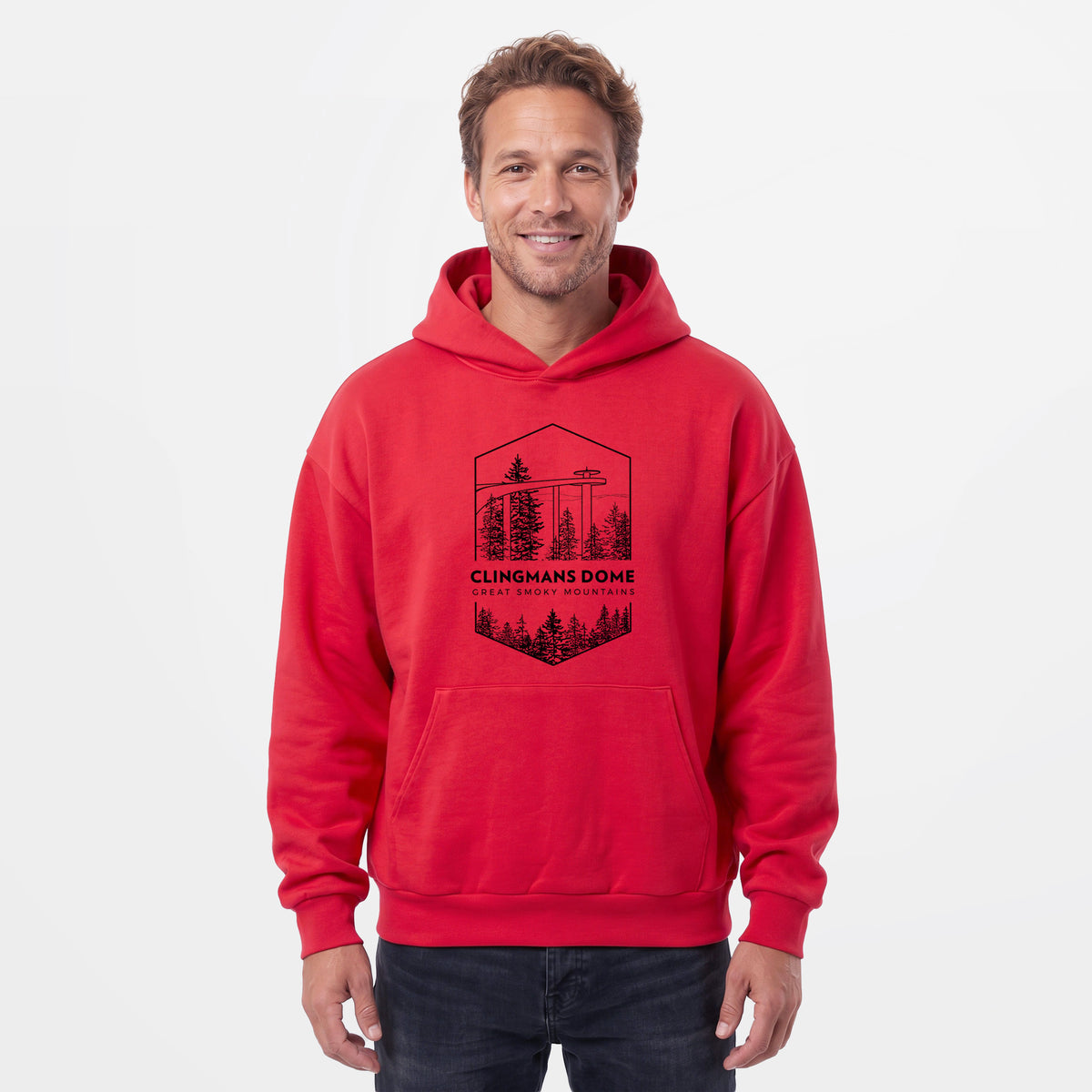 Male model wearing the Clingmans Dome - Great Smoky Mountains National Park - Statement Midweight Hoodie.