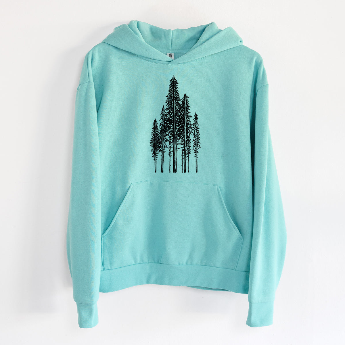 Coastal Redwoods - Statement Midweight Hoodie in Seafoam, hanging on a white wall, with a front kangaroo pocket and no drawcords.