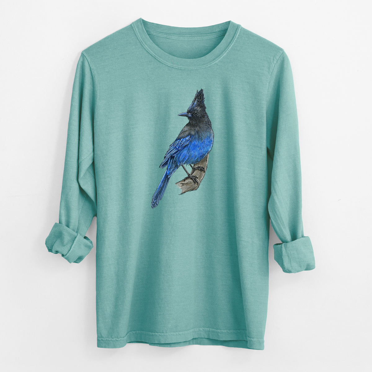 Vibrant Coastal Steller&#39;s Jay - Cyanocitta stelleri - Men&#39;s Heavyweight 100% Cotton Long Sleeve