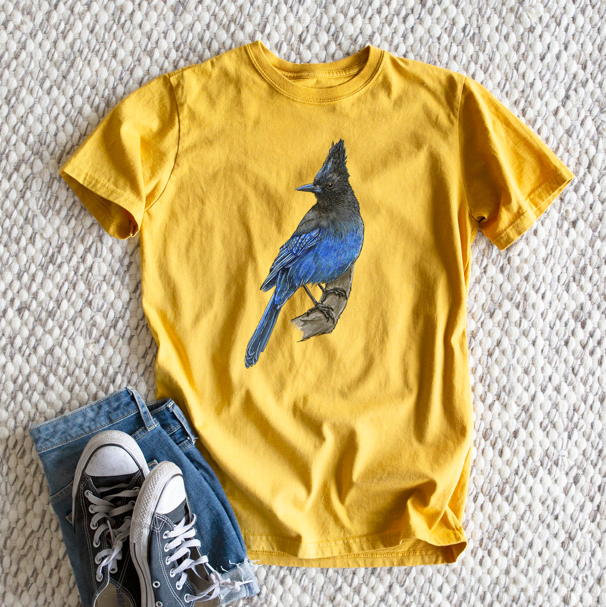 Vibrant Coastal Steller&#39;s Jay - Cyanocitta stelleri - Heavyweight Men&#39;s 100% Organic Cotton Tee