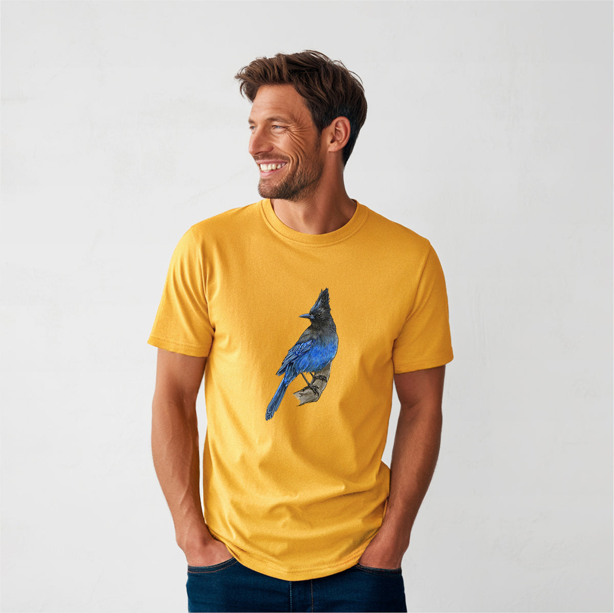 Vibrant Coastal Steller&#39;s Jay - Cyanocitta stelleri - Heavyweight Men&#39;s 100% Organic Cotton Tee