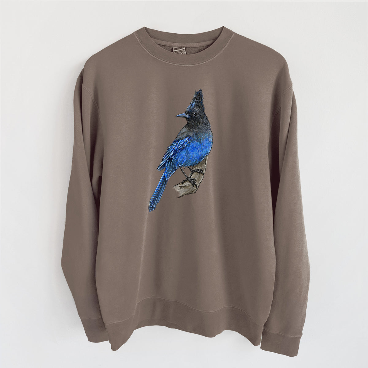 Vibrant Coastal Steller's Jay - Cyanocitta stelleri - Unisex Pigment Dyed Crew Sweatshirt in Espresso
