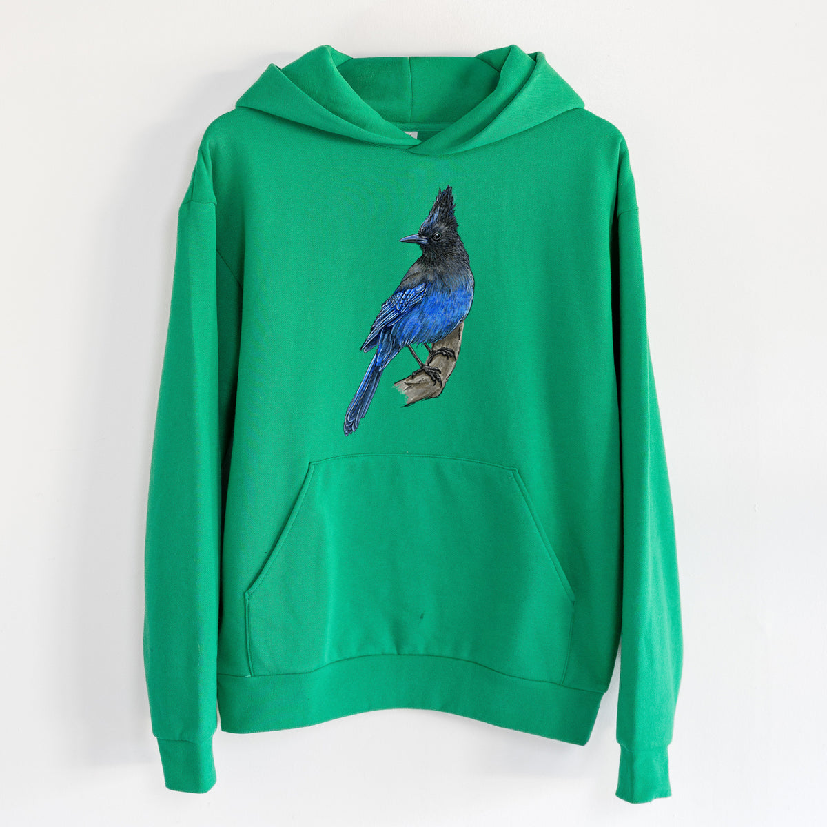 Vibrant Coastal Steller's Jay - Cyanocitta stelleri - Statement Midweight Hoodie in Kelly Green, hanging on a white wall, with a front kangaroo pocket and no drawcords.