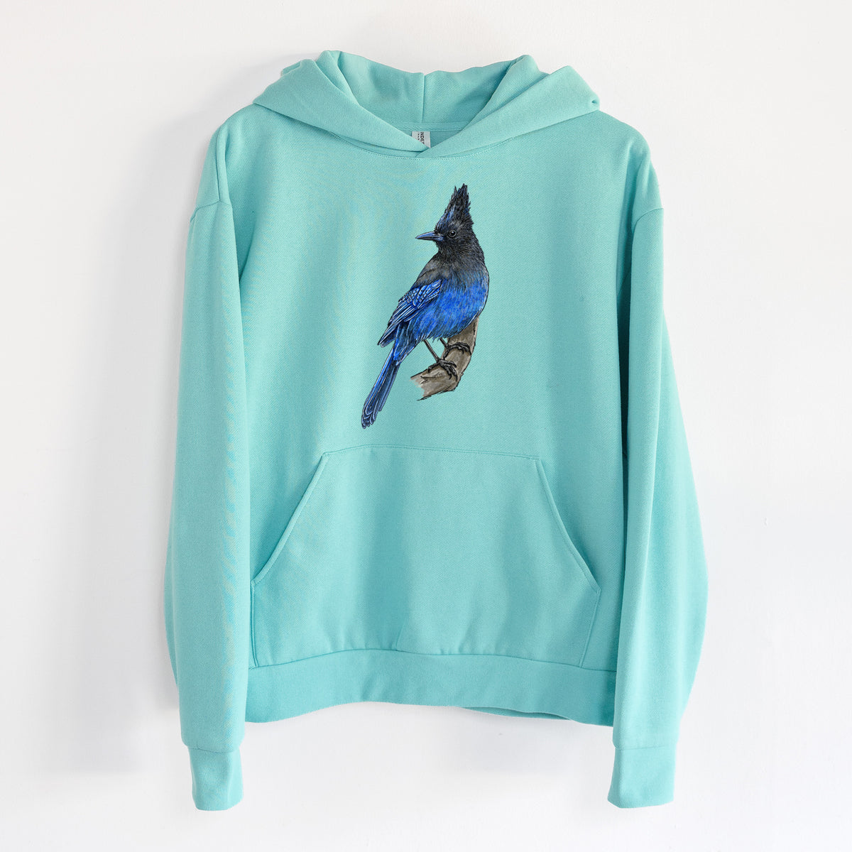 Vibrant Coastal Steller's Jay - Cyanocitta stelleri - Statement Midweight Hoodie in Seafoam, hanging on a white wall, with a front kangaroo pocket and no drawcords.
