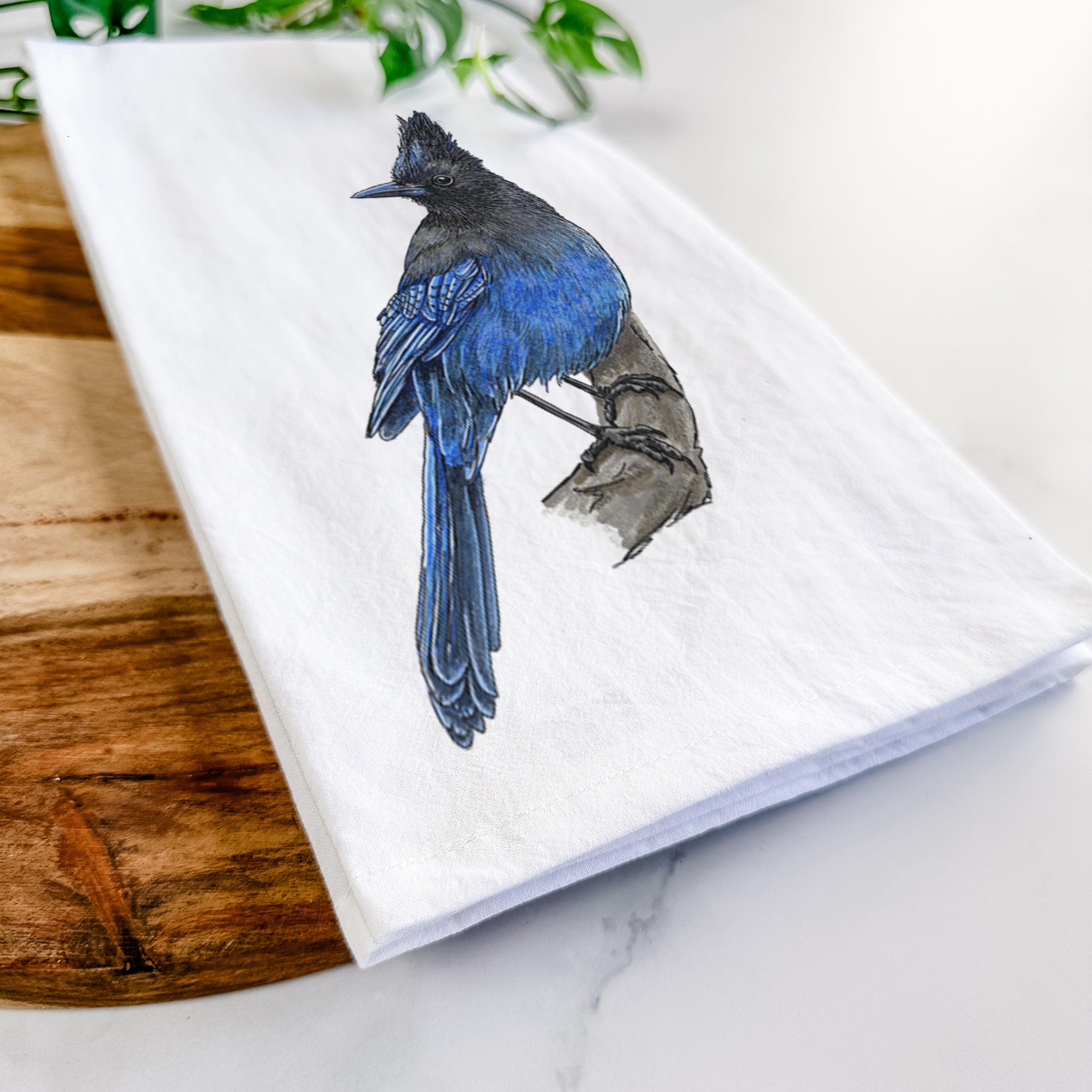 Vibrant Coastal Steller's Jay - Cyanocitta stelleri Tea Towel