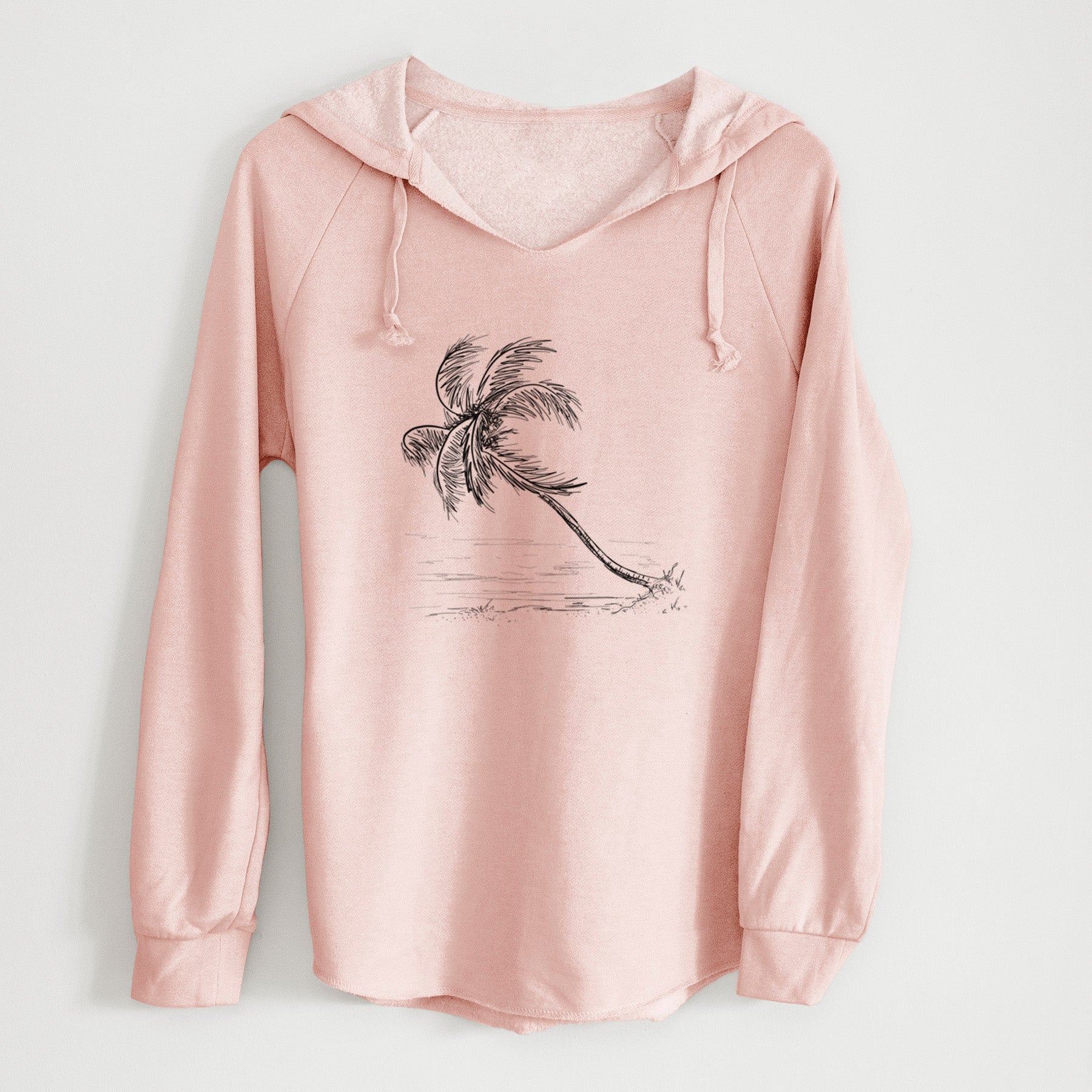 Pink hoodie with a sketch of a leaning palm tree.