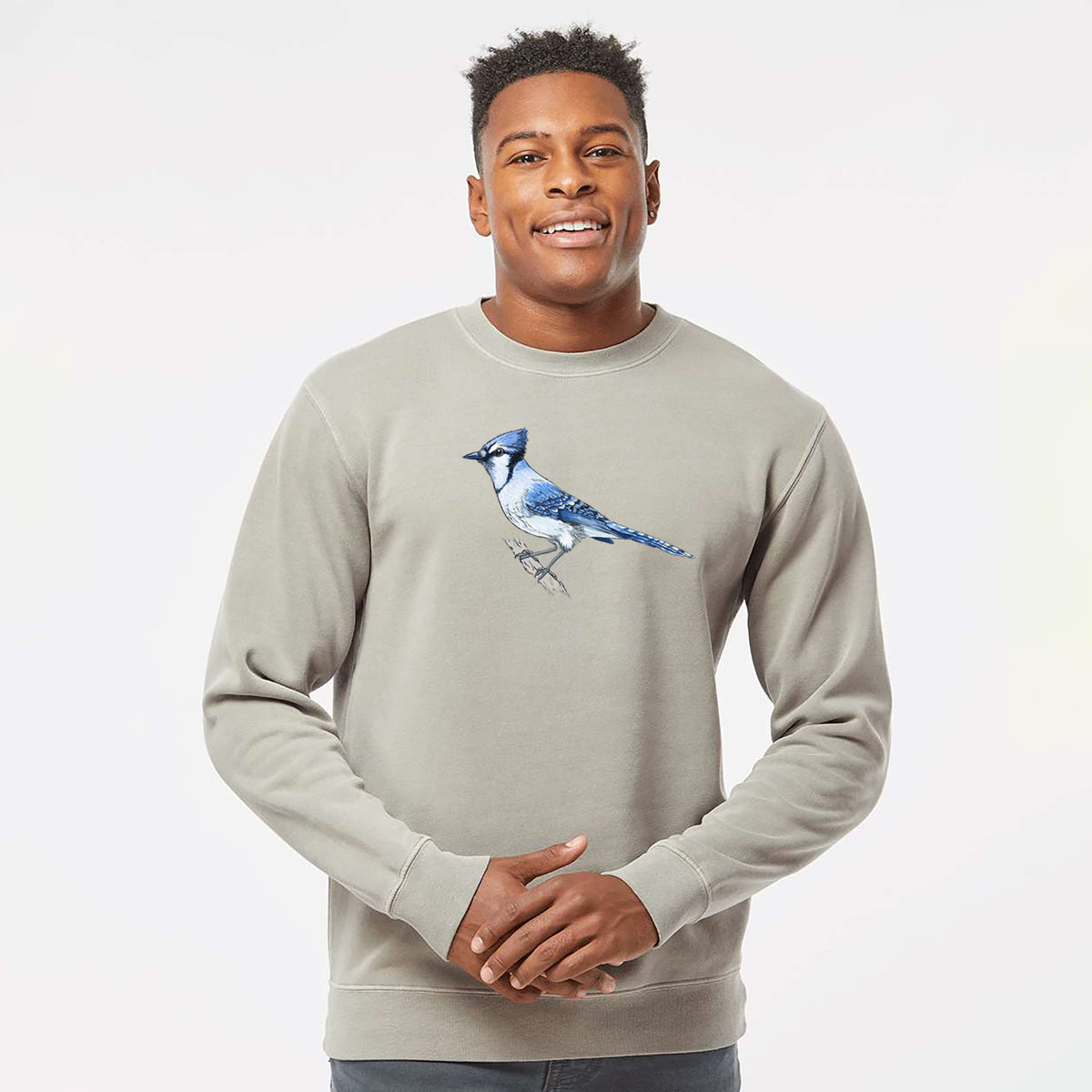 Vibrant Blue Jay - Cyanocitta cristata - Unisex Pigment Dyed Crew Sweatshirt