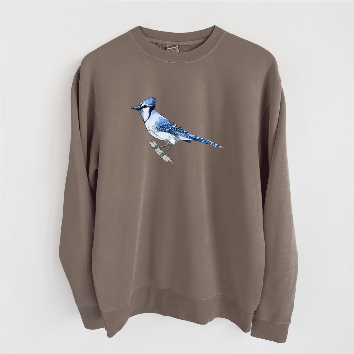 Vibrant Blue Jay - Cyanocitta cristata - Unisex Pigment Dyed Crew Sweatshirt in Espresso