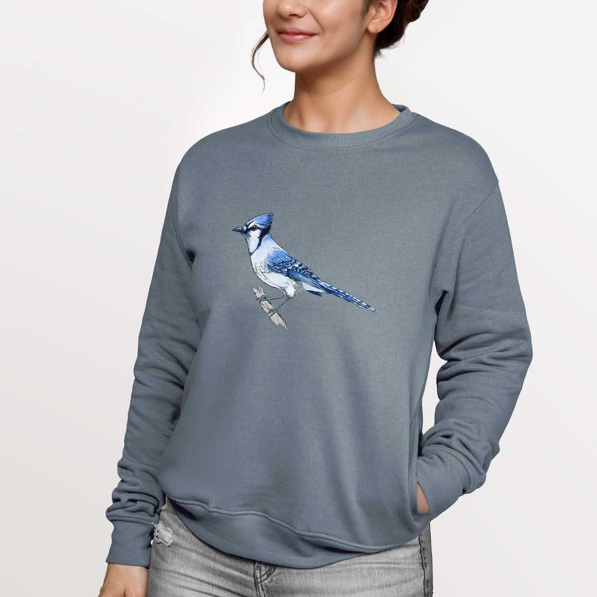 Vibrant Blue Jay - Cyanocitta cristata  - Unisex Reclaimed Crewneck Sweatshirt