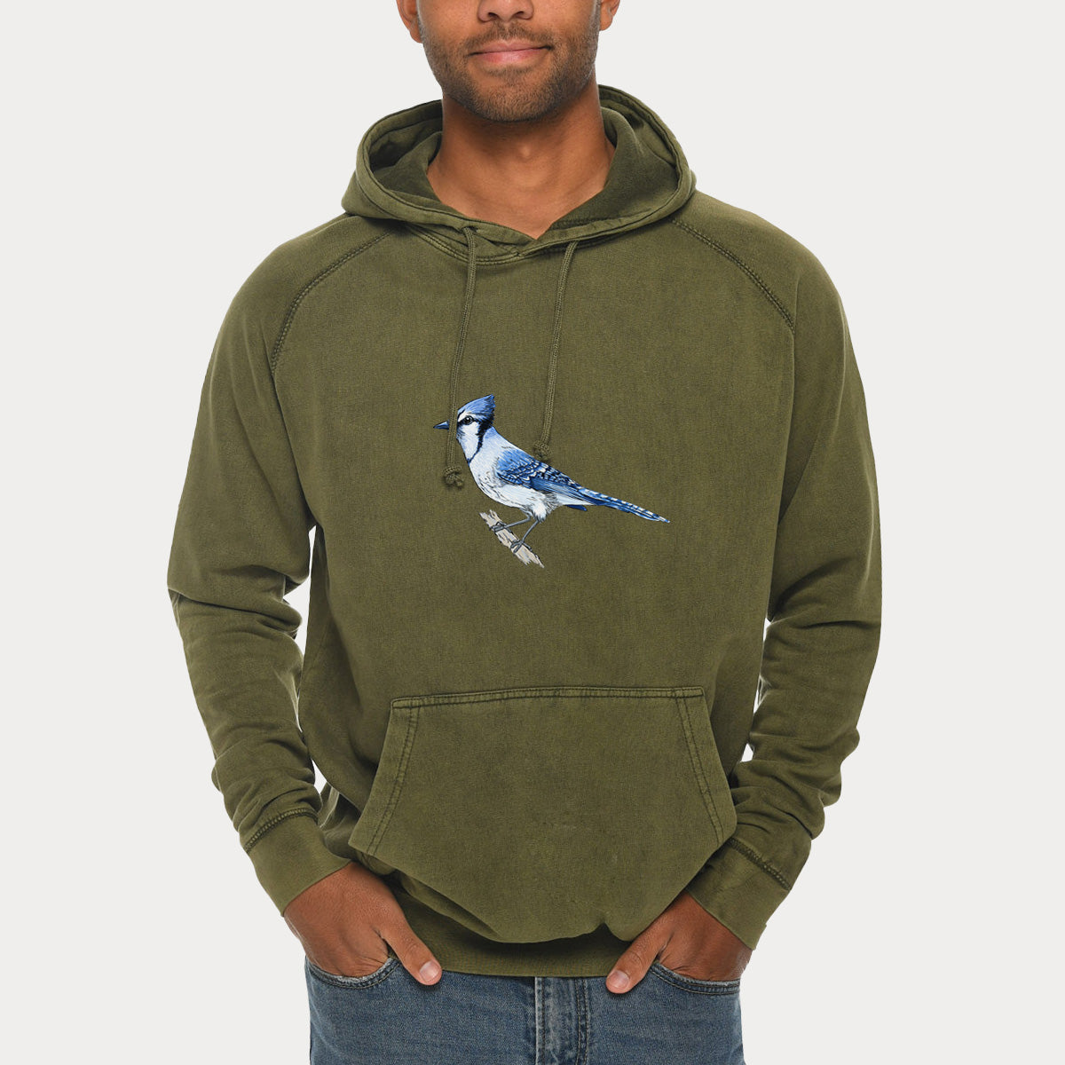 Vibrant Blue Jay - Cyanocitta cristata  - Mid-Weight Unisex Vintage 100% Cotton Hoodie