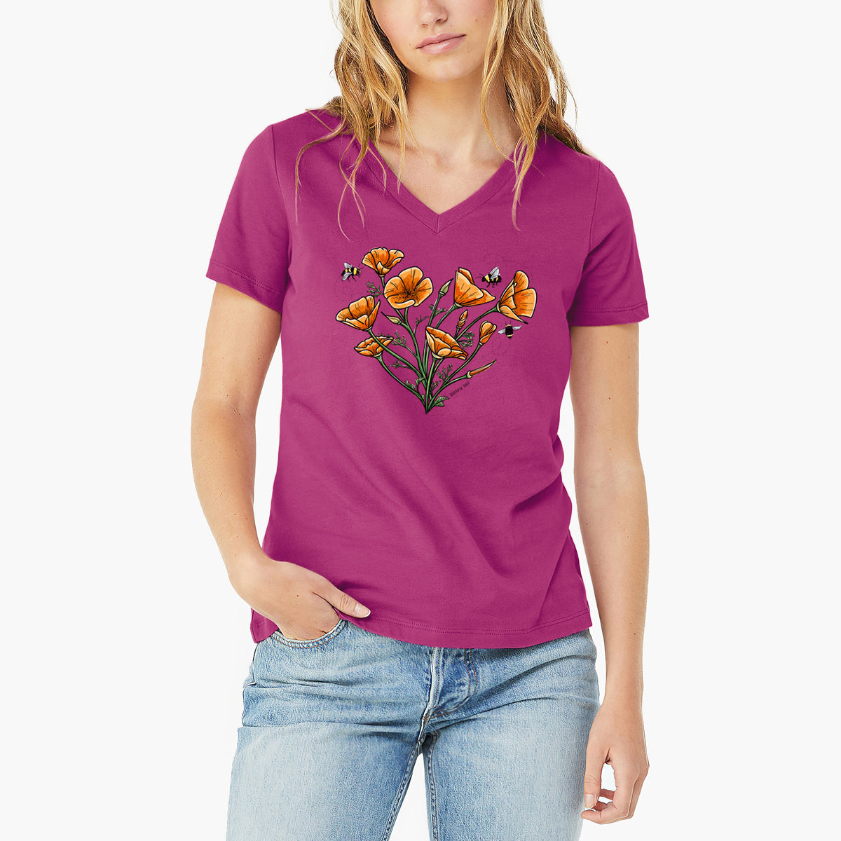 Color California Poppy Heart - Women's Lightweight Relaxed Fit 100% Cotton V-neck