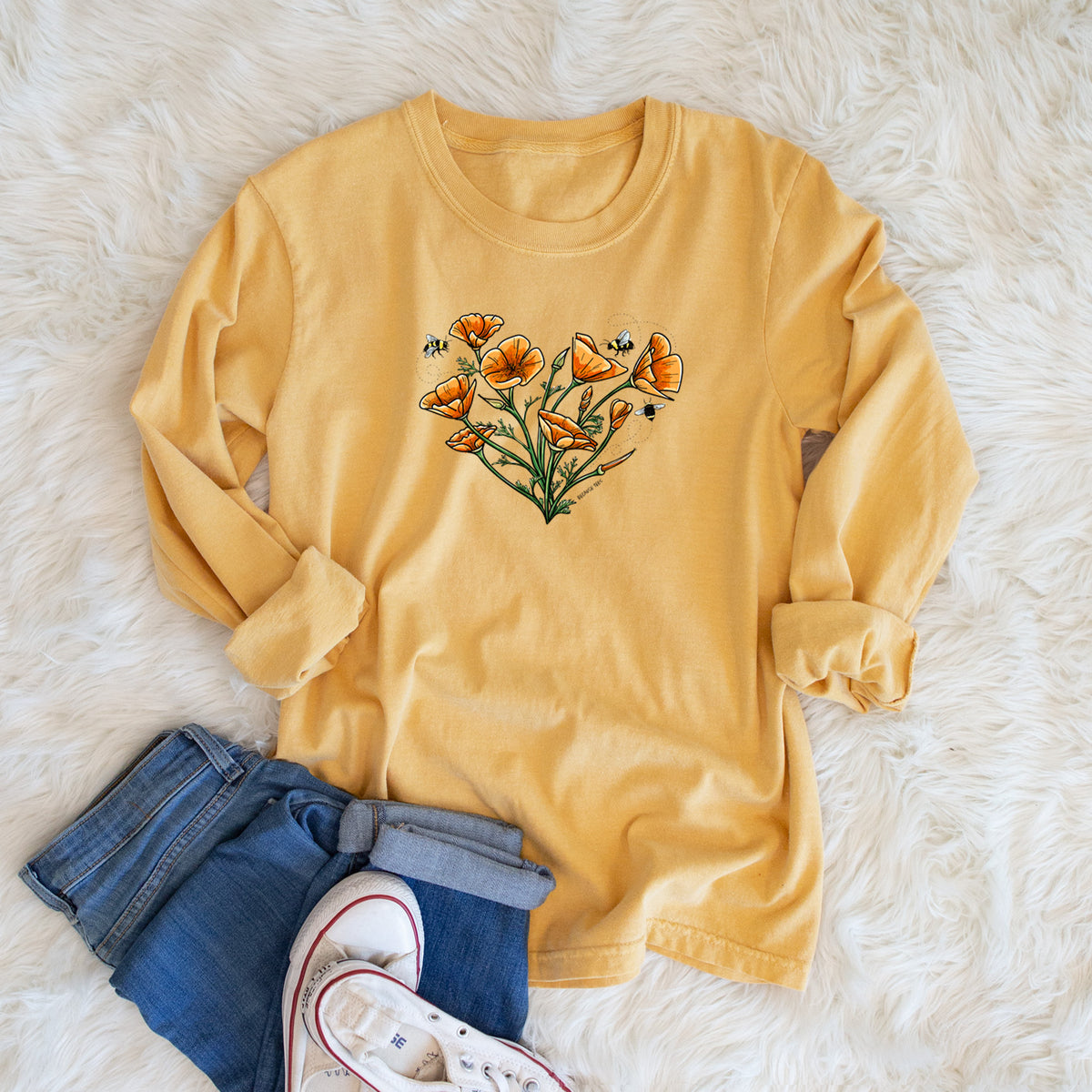 Color California Poppy Heart - Unisex Comfort Colors 100% Cotton Long Sleeve