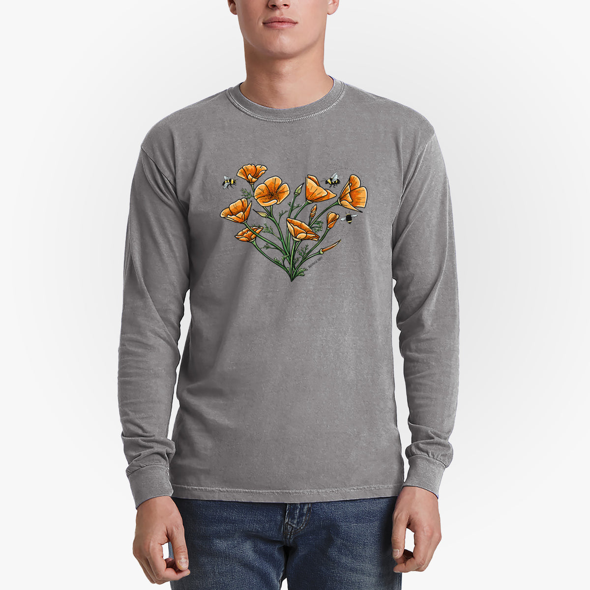 Color California Poppy Heart - Men&#39;s Heavyweight 100% Cotton Long Sleeve