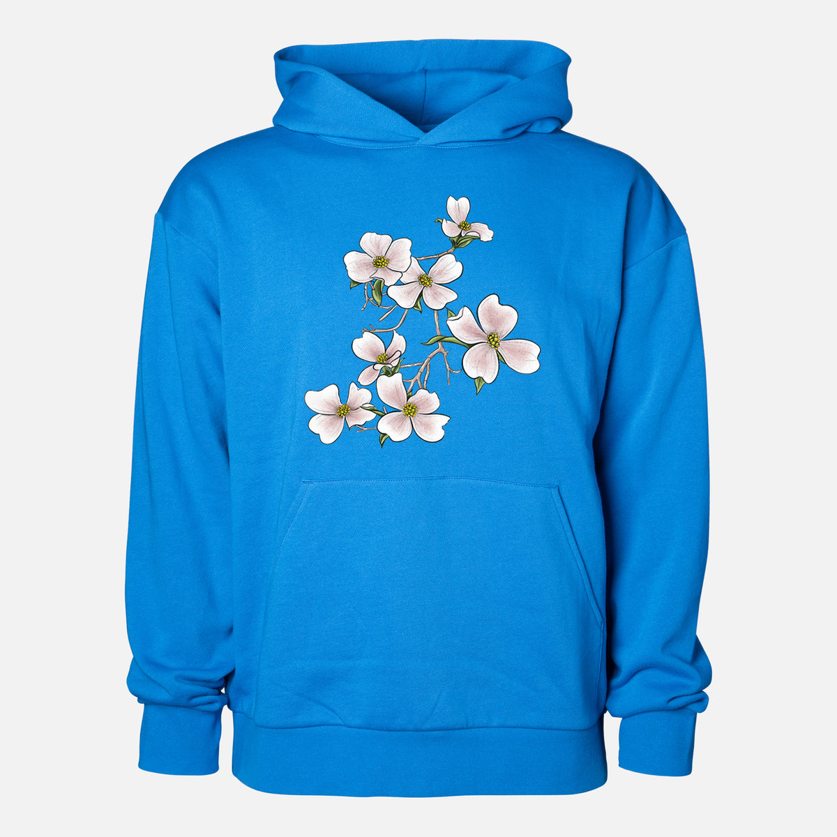 Flowering Dogwood - Cornus florida - Statement Midweight Hoodie in Azure Blue, shown from the front with the design printed on the chest above a front kangaroo pocket.