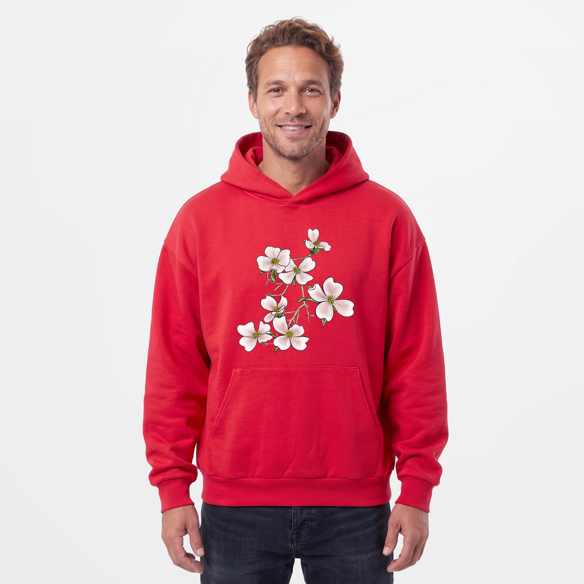 Male model wearing the Flowering Dogwood - Cornus florida - Statement Midweight Hoodie.