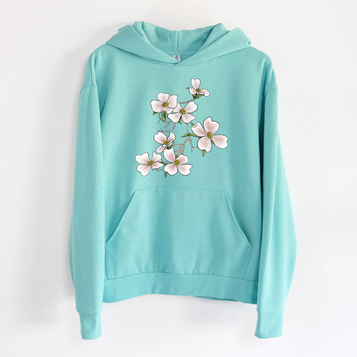 Flowering Dogwood - Cornus florida - Statement Midweight Hoodie in Seafoam, hanging on a white wall, with a front kangaroo pocket and no drawcords.