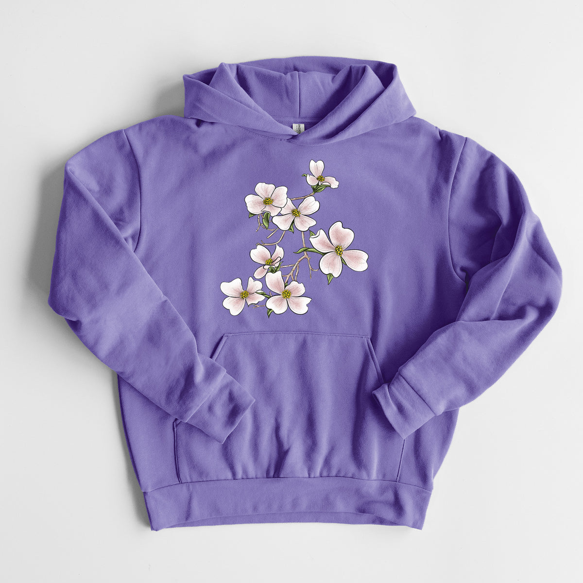 Flowering Dogwood - Cornus florida - Statement Midweight Hoodie in Violet, laid flat, showing the oversized boxy fit and front kangaroo pocket.