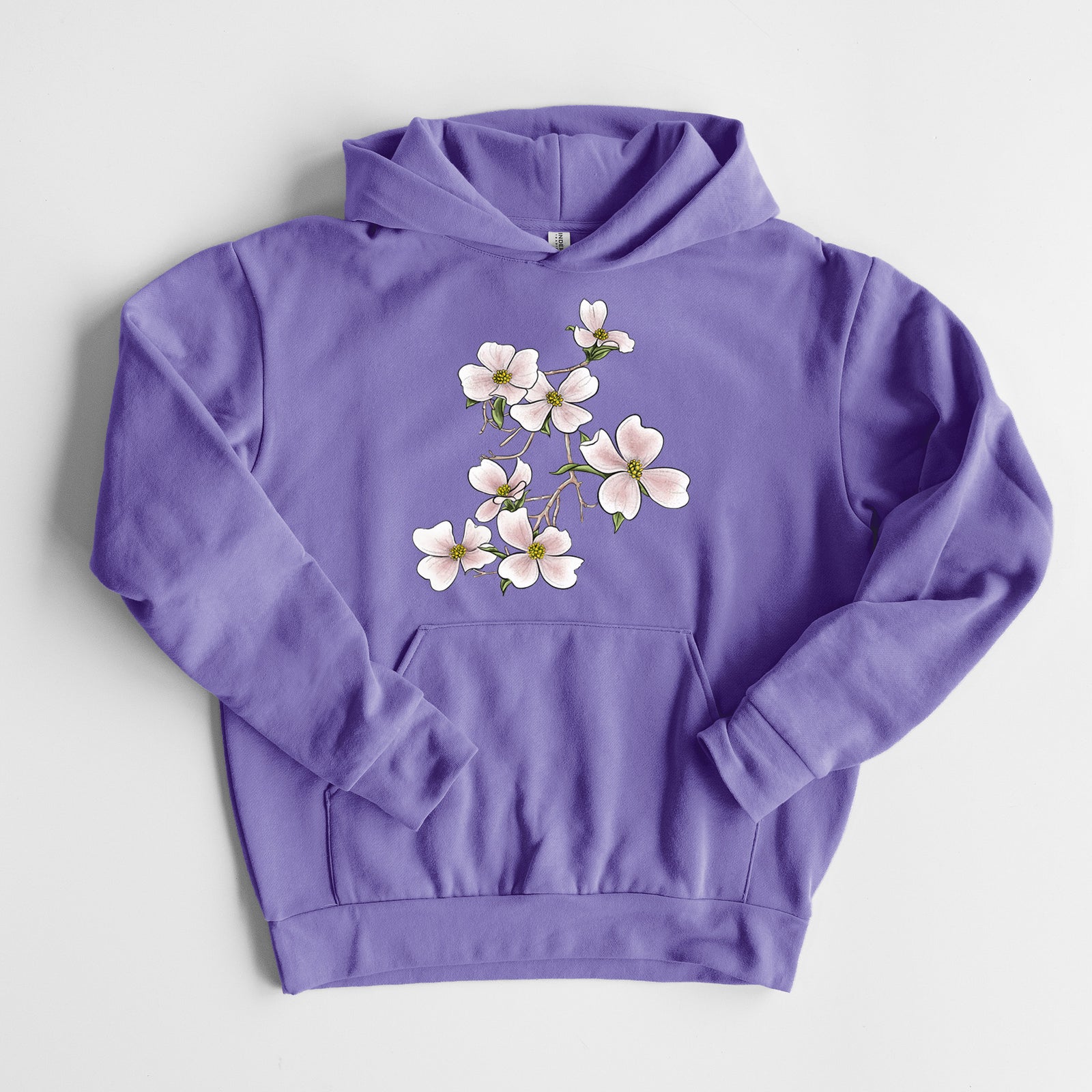 Flowering Dogwood - Cornus florida - Statement Midweight Hoodie in Violet, laid flat, showing the oversized boxy fit and front kangaroo pocket.