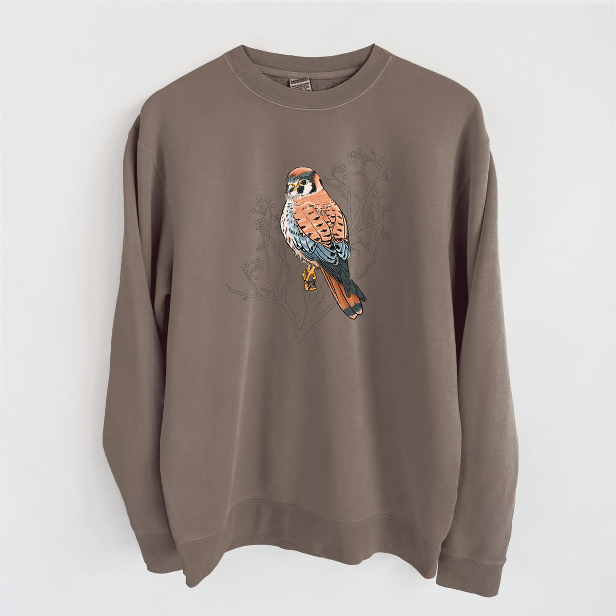Vibrant American Kestrel - Falco sparverius - Unisex Pigment Dyed Crew Sweatshirt in Espresso