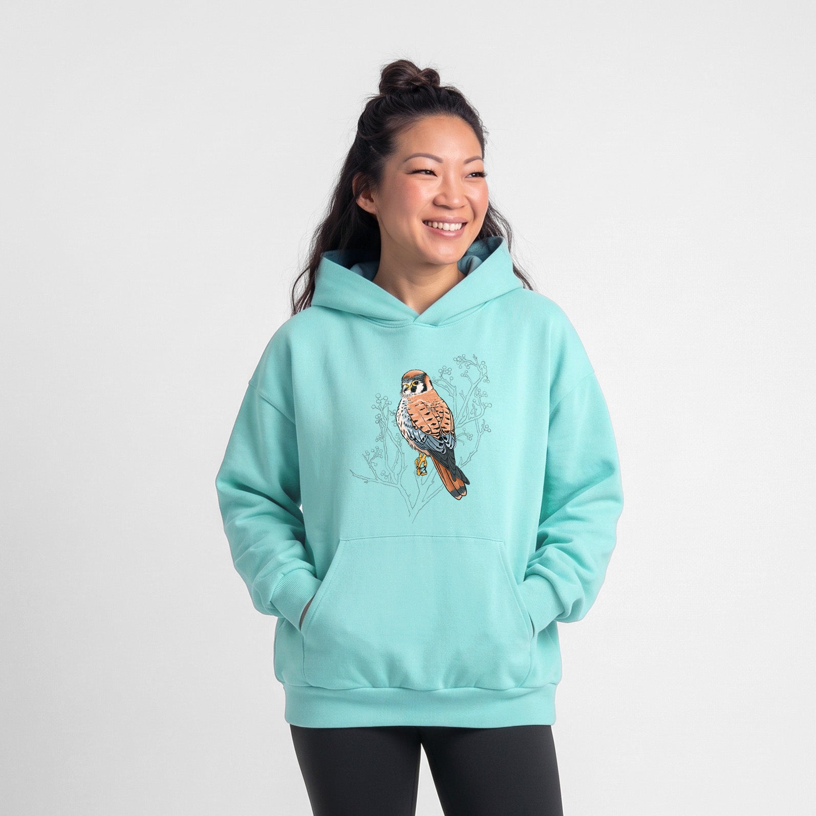 Vibrant American Kestrel - Falco sparverius - Statement Midweight Hoodie in Violet, laid flat, showing the oversized boxy fit and front kangaroo pocket.