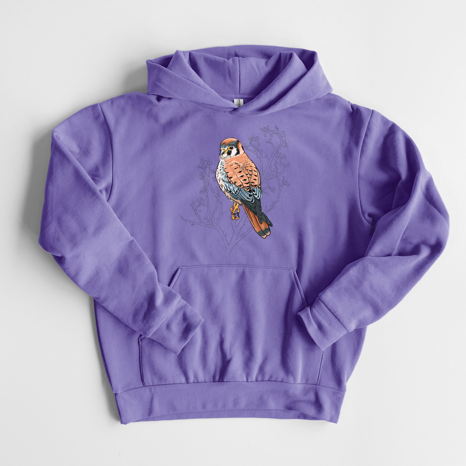 Vibrant American Kestrel - Falco sparverius - Statement Midweight Hoodie in Violet, laid flat, showing the oversized boxy fit and front kangaroo pocket.