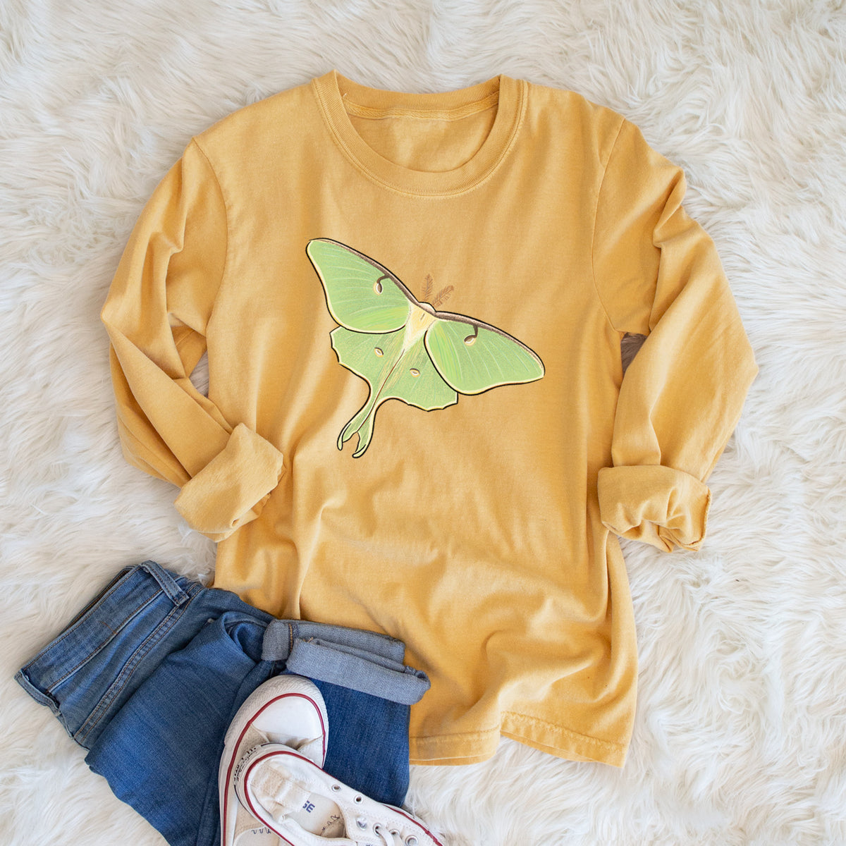 Vibrant Luna Moth - Actias luna - Men&#39;s Heavyweight 100% Cotton Long Sleeve