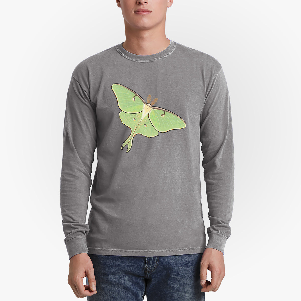 Vibrant Luna Moth - Actias luna - Men&#39;s Heavyweight 100% Cotton Long Sleeve