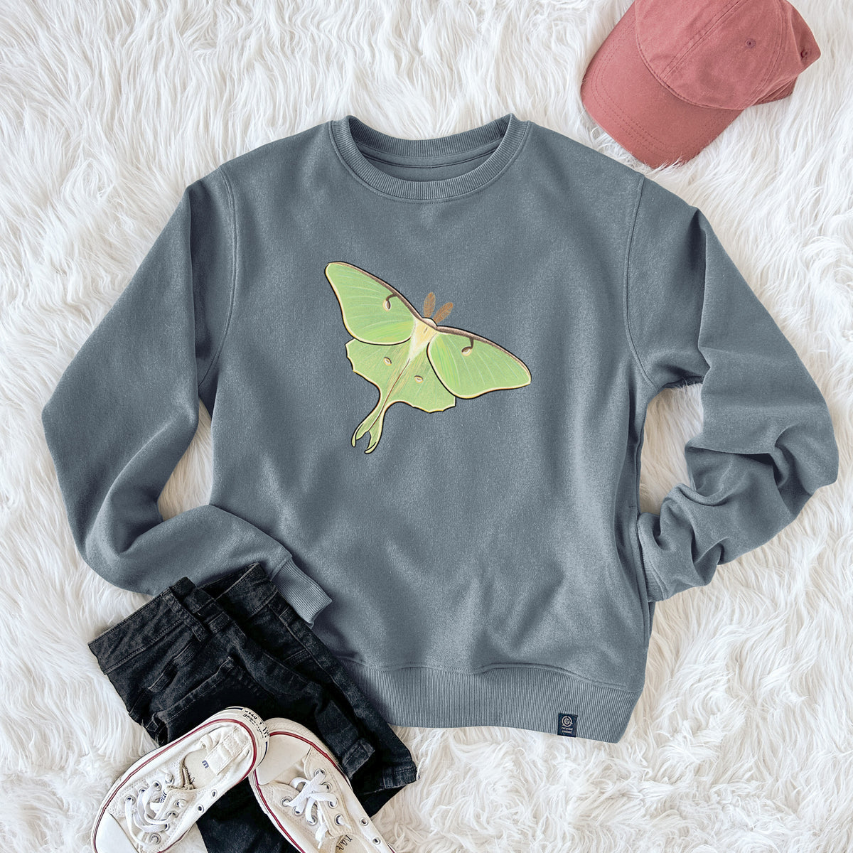 Vibrant Luna Moth - Actias luna  - Unisex Reclaimed Crewneck Sweatshirt