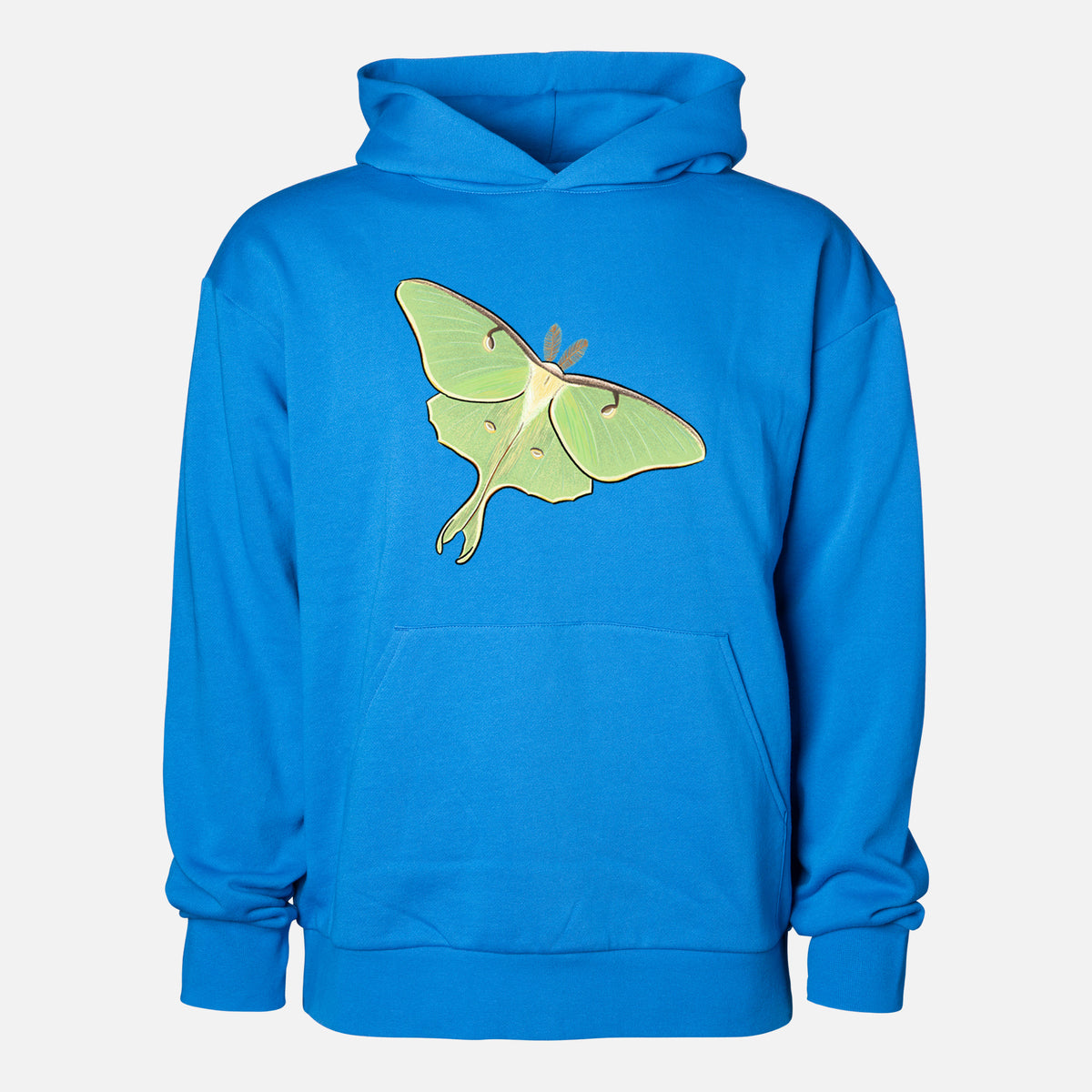 Vibrant Luna Moth - Actias luna - Statement Midweight Hoodie in Azure Blue, shown from the front with the design printed on the chest above a front kangaroo pocket.
