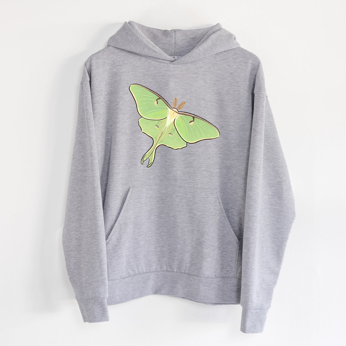 Vibrant Luna Moth - Actias luna - Statement Midweight Hoodie in Heather Grey, hanging on a white wall, with a front kangaroo pocket and no drawcords.