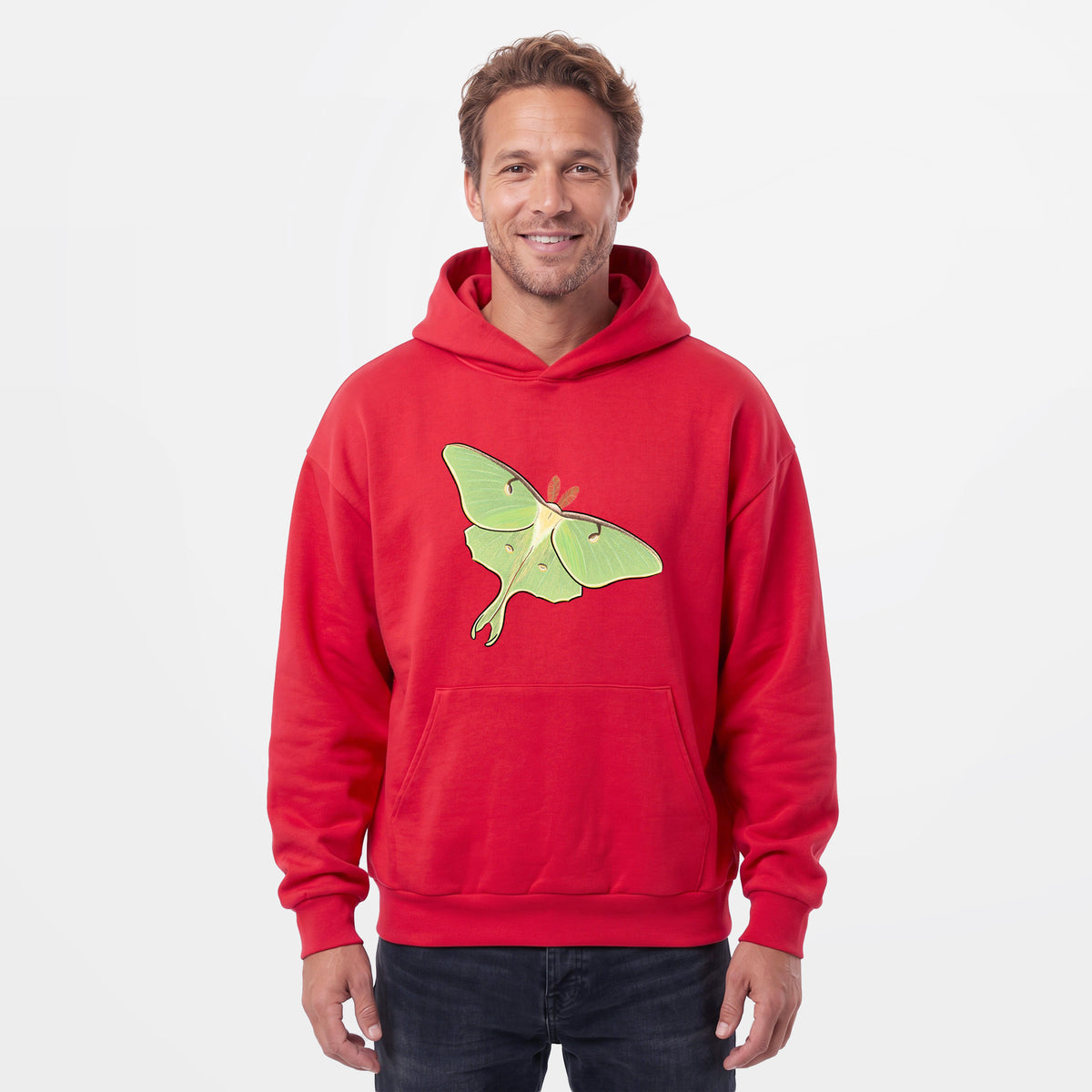 Male model wearing the Vibrant Luna Moth - Actias luna - Statement Midweight Hoodie.