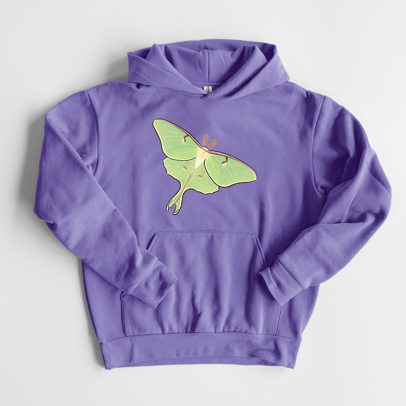 Vibrant Luna Moth - Actias luna - Statement Midweight Hoodie in Violet, laid flat, showing the oversized boxy fit and front kangaroo pocket.
