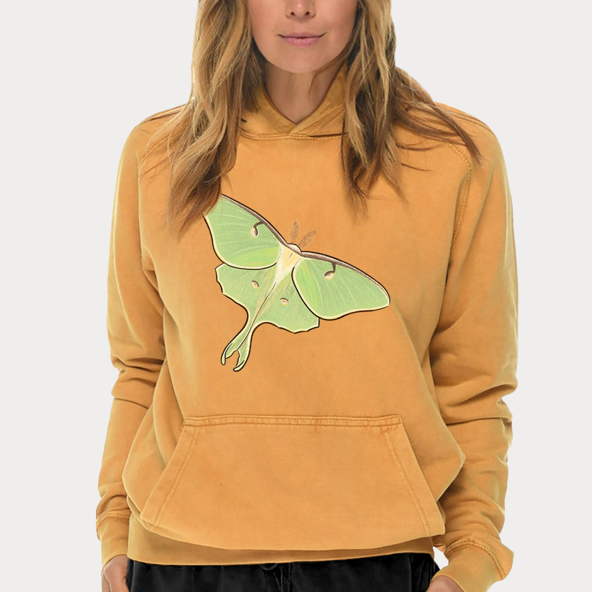 Vibrant Luna Moth - Actias luna  - Mid-Weight Unisex Vintage 100% Cotton Hoodie