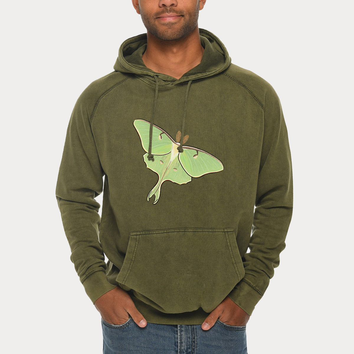 Vibrant Luna Moth - Actias luna  - Mid-Weight Unisex Vintage 100% Cotton Hoodie