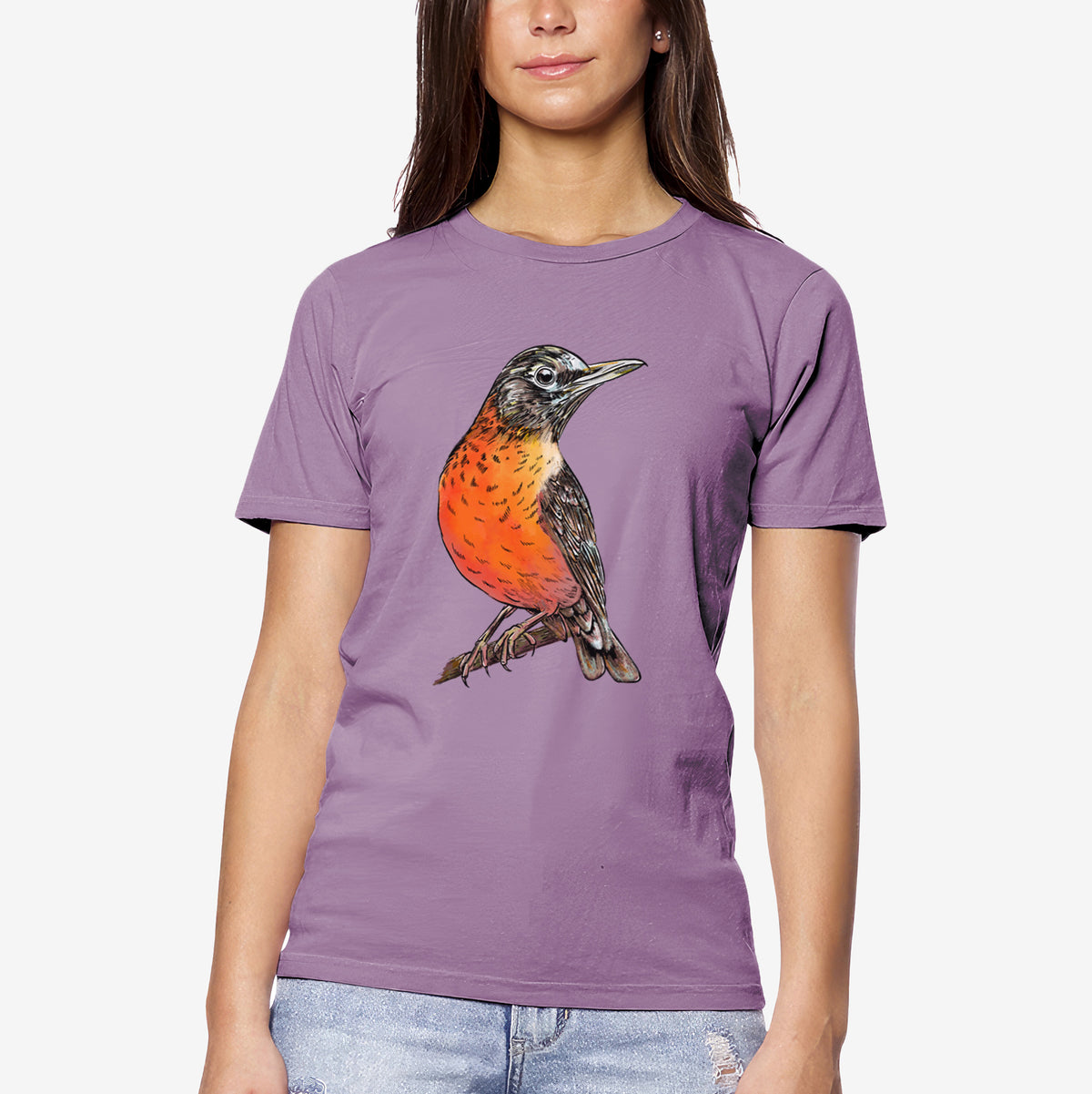 Vibrant American Robin - Turdus migratorius - Unisex Crewneck - Made in USA - 100% Organic Cotton