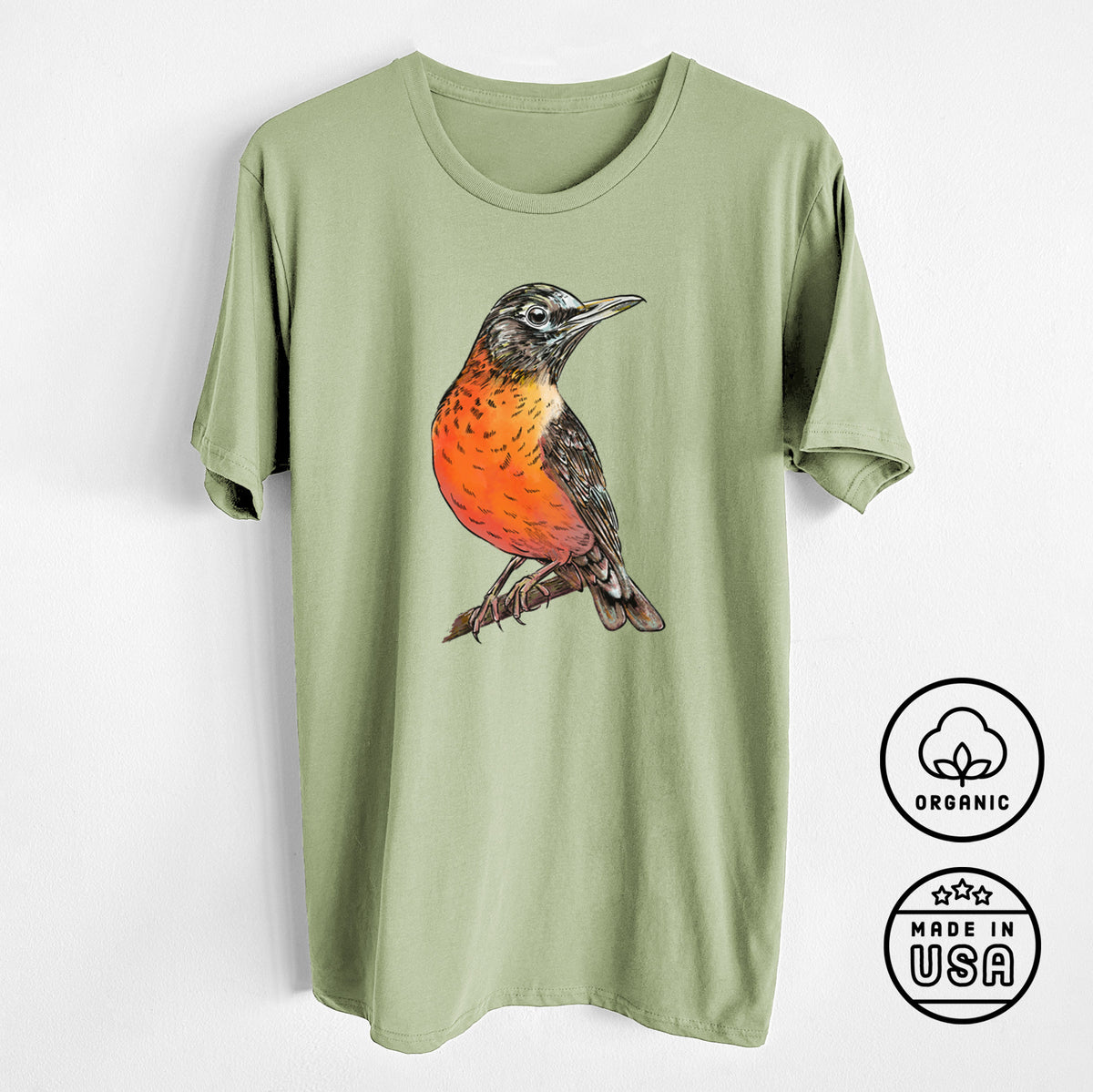 Vibrant American Robin - Turdus migratorius - Unisex Crewneck - Made in USA - 100% Organic Cotton