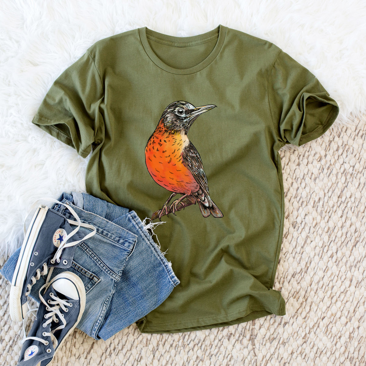 Vibrant American Robin - Turdus migratorius - Unisex Crewneck - Made in USA - 100% Organic Cotton