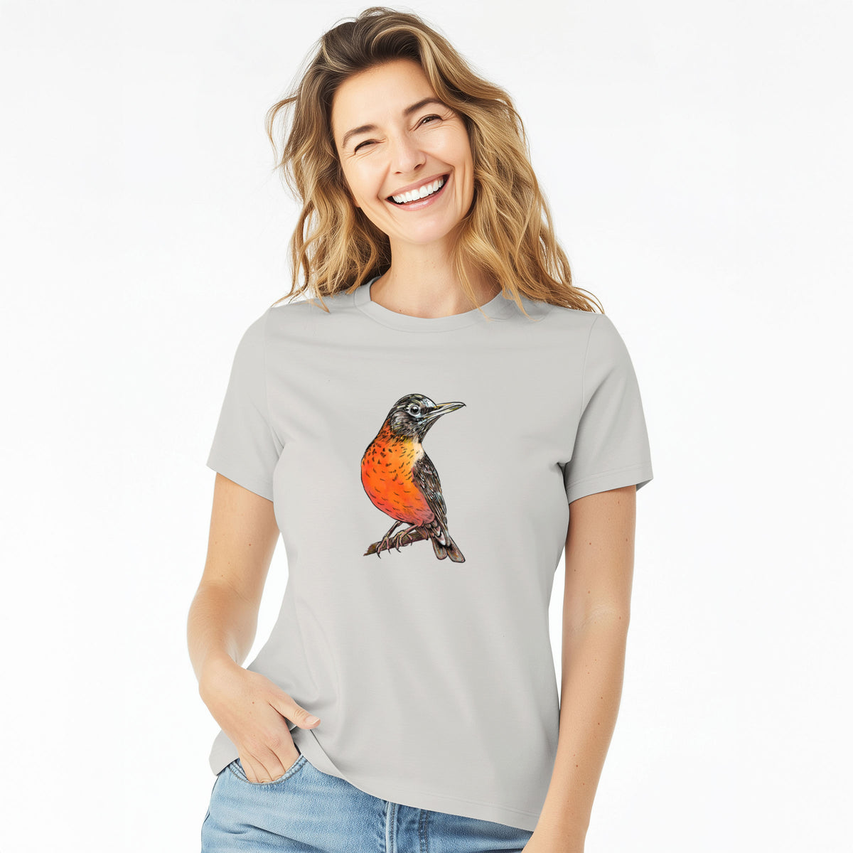Vibrant American Robin - Turdus migratorius - Women&#39;s Lightweight Relaxed Fit 100% Cotton Crewneck