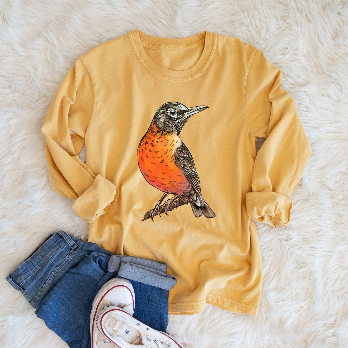 Vibrant American Robin - Turdus migratorius - Heavyweight 100% Cotton Long Sleeve