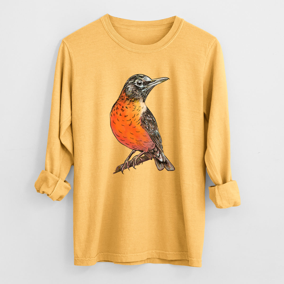 Vibrant American Robin - Turdus migratorius - Heavyweight 100% Cotton Long Sleeve