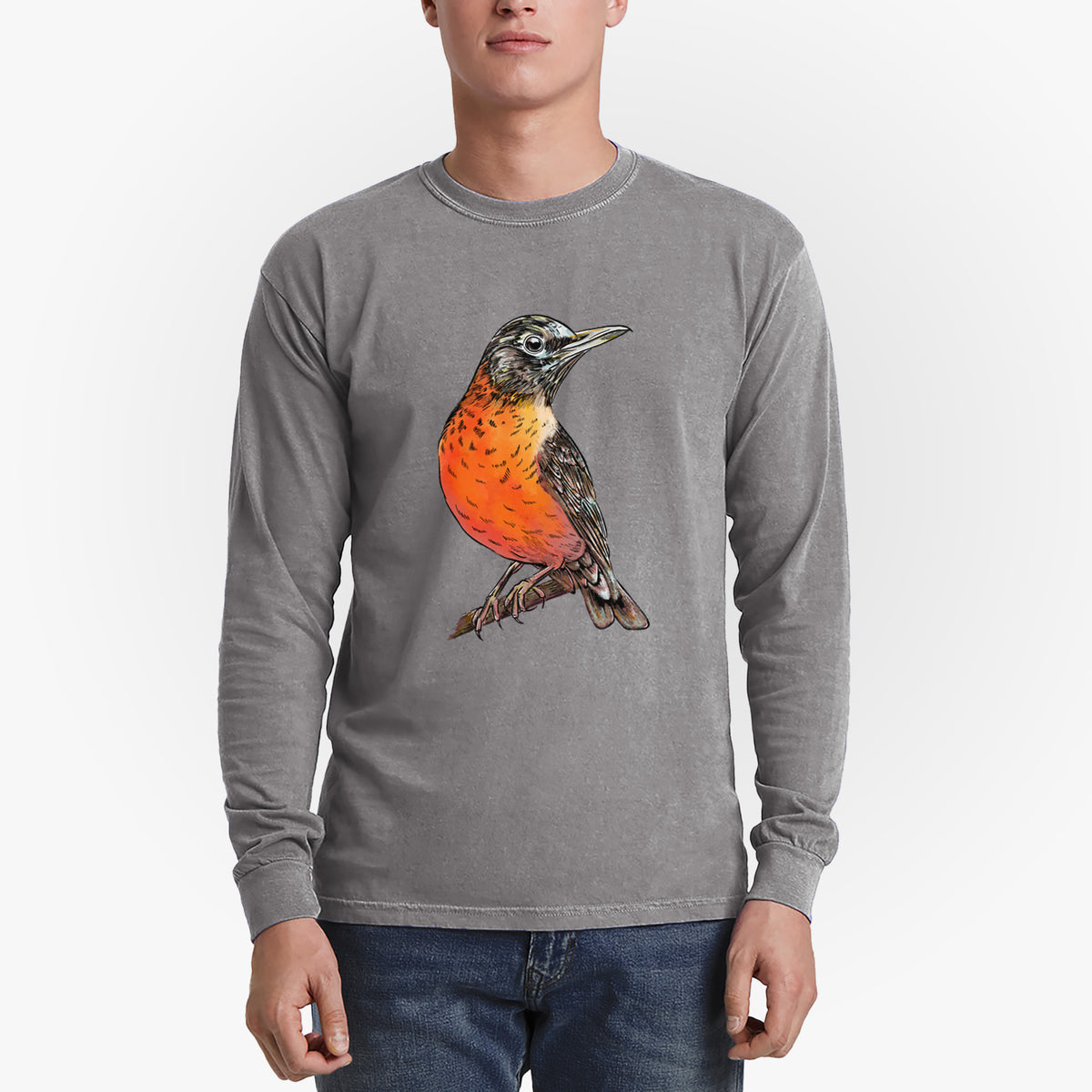 Vibrant American Robin - Turdus migratorius - Heavyweight 100% Cotton Long Sleeve