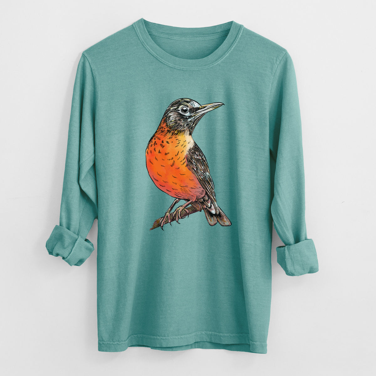 Vibrant American Robin - Turdus migratorius - Heavyweight 100% Cotton Long Sleeve